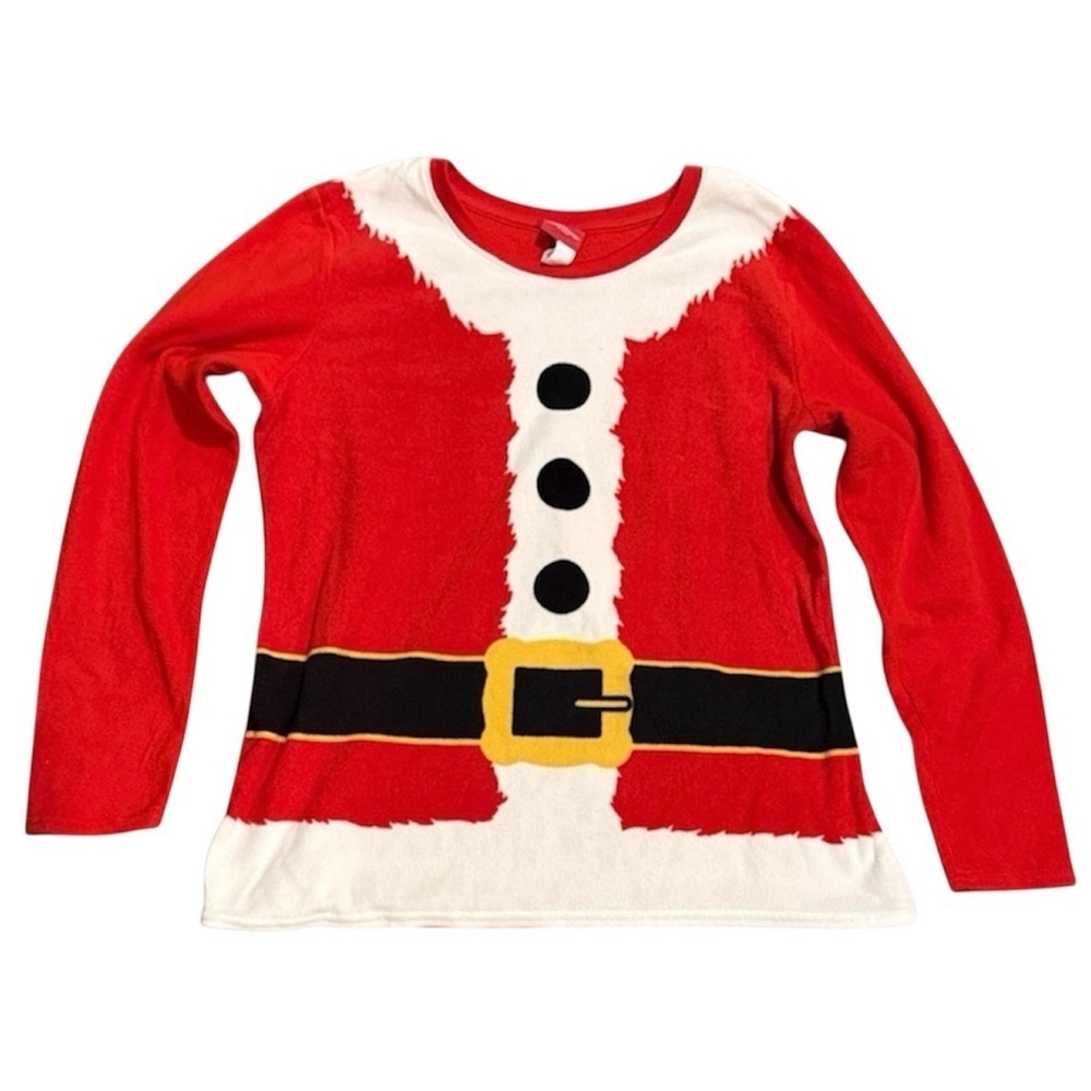Festive Red Santa Christmas fleece sweatshirt large top ugly sweater holiday